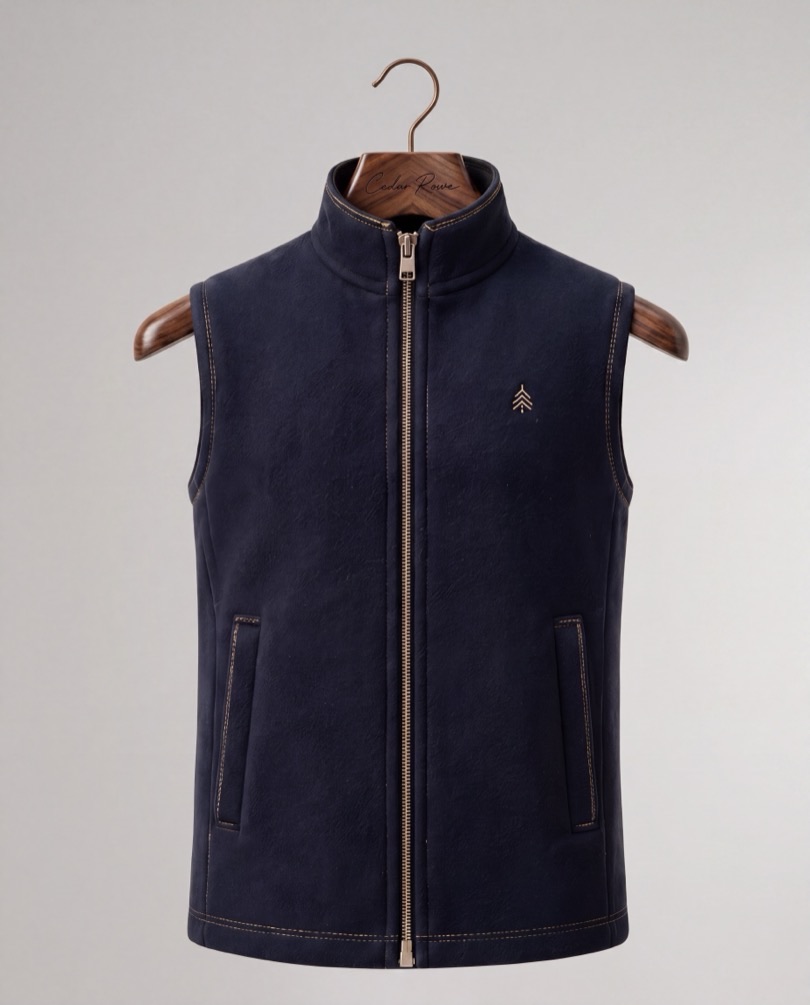 A navy Cedar Rowe gilet on a branded walnut hanger against a soft grey studio ground.